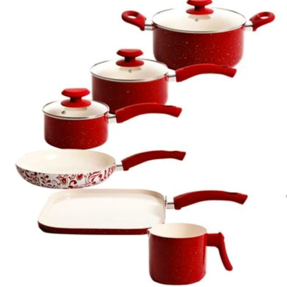 OSTER SAN JACINTO 9PC COOKWARE SET, RED SPECKLE, WHITE CERAMIC INTERIOR